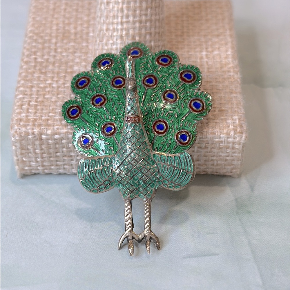 Vintage Siam Sterling silver Enamel Peacock Articulated Brooch Pin